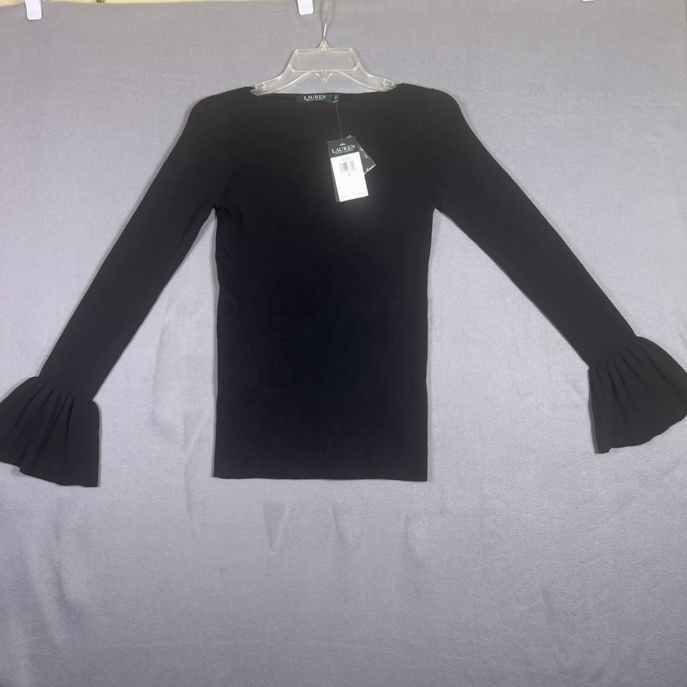 Lauren Ralph Lauren Ribbed Knit Sweater Womens S Black Wide Neck Ruffle Cuff